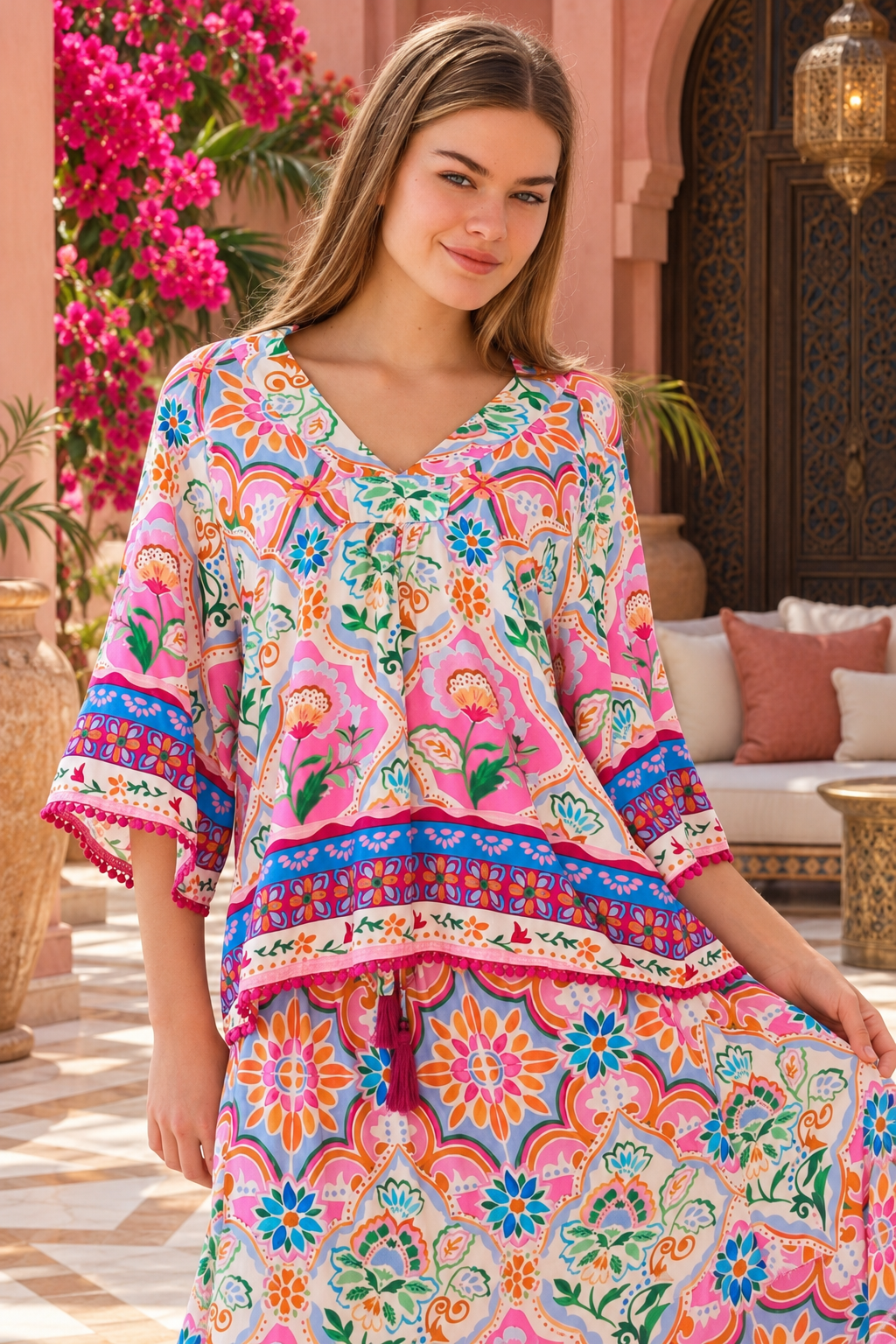 Dreamcatcher Aurora Floral Top Pink Mosaic with botanical mosaic print and cotton lace edging | Bohemian Love Runway