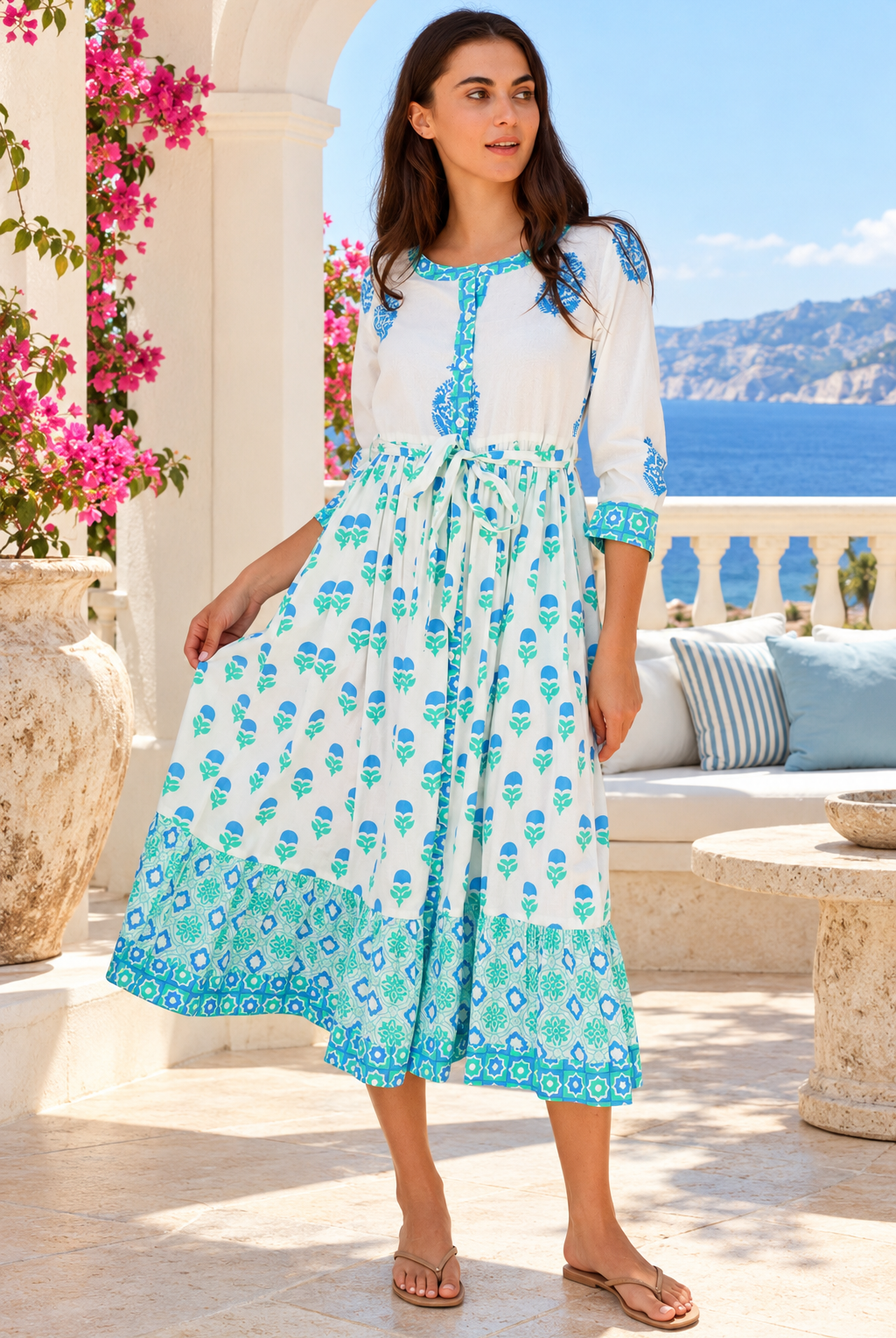Lovebird Cotton Midi Dress Blue by Peacock Feather, white cotton boho midi dress with blue floral and border prints