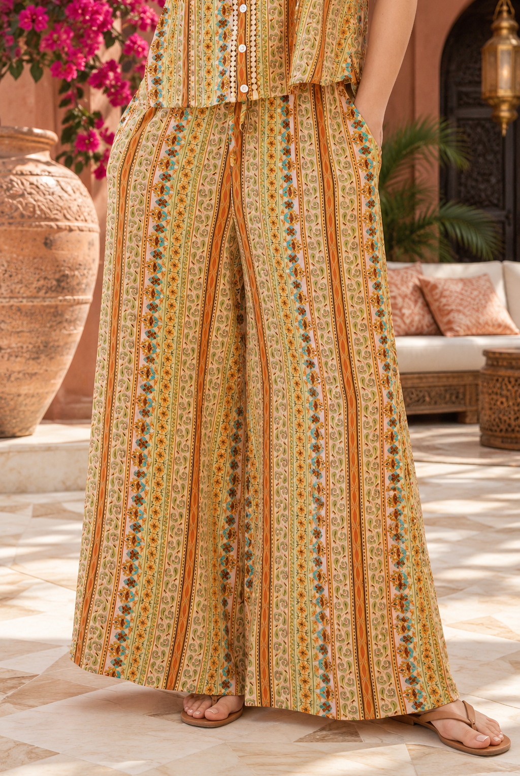 Amara printed rayon palazzo pants by Dreamcatcher with floral stripes, wide legs, elastic drawstring waist and side pockets | Bohemian Love Runway