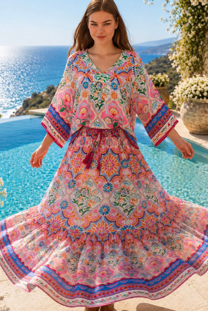 Dreamcatcher Aurora Pink Mosaic maxi skirt with elastic tie waist and oversized frill hemline