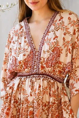 Shop Cinnamon V-Neck Kimono Sleeve Maxi Dress in rayon with a warm boho print at Bohemian Love Runway Australia