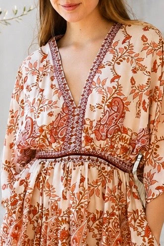 Shop Cinnamon V-Neck Kimono Sleeve Maxi Dress in rayon with a warm boho print at Bohemian Love Runway Australia