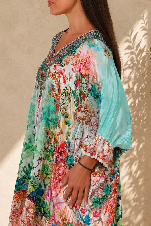 Eden Jewel embellished aqua garden kaftan mini dress by Peacock Feather in viscose crepe