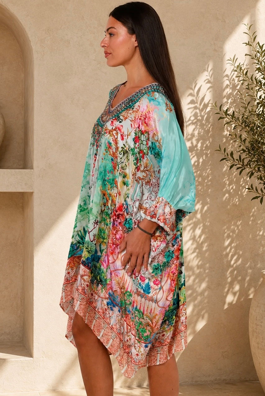 Eden Jewel embellished aqua garden kaftan mini dress by Peacock Feather in viscose crepe