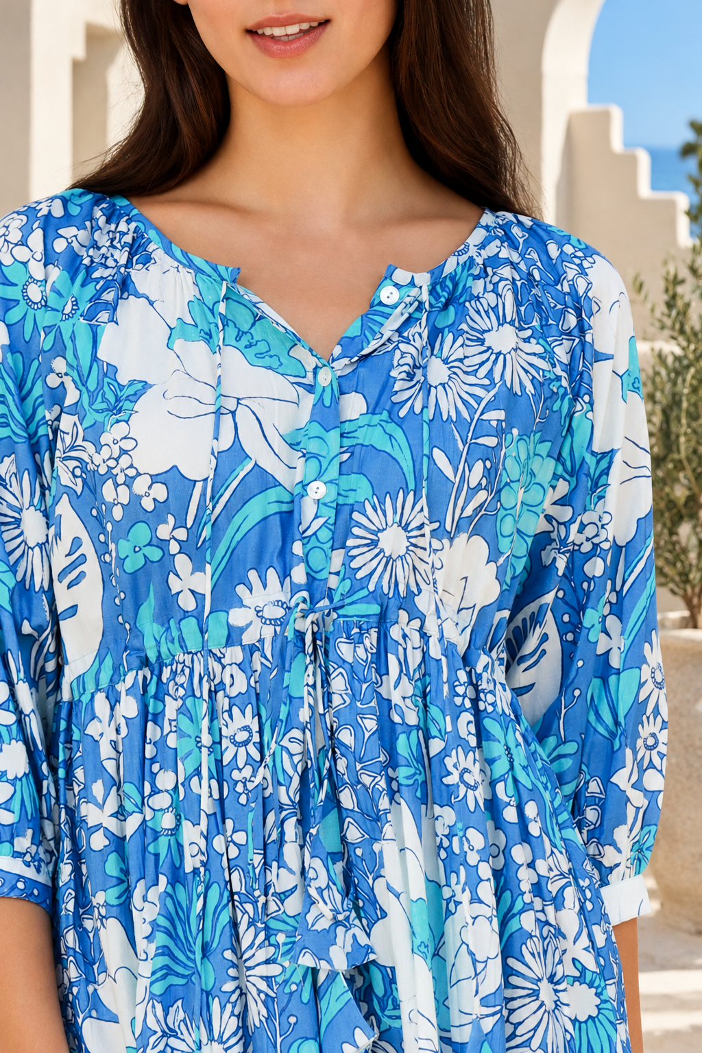 Emerson Cotton Maxi Dress Rory Blue with vintage blue floral print, button front, tassel drawstring waist and tiered skirt