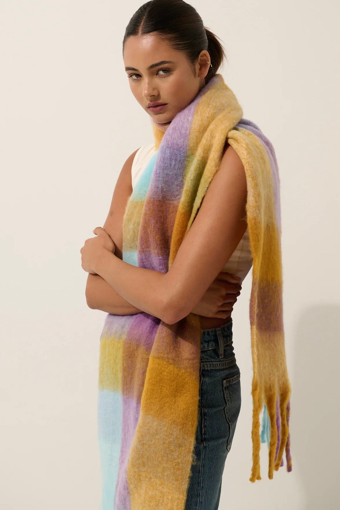 ANGELS WHISPER | CAITYLYN MULTI CHECK FLUFFY SCARF | Bohemian Love Runway