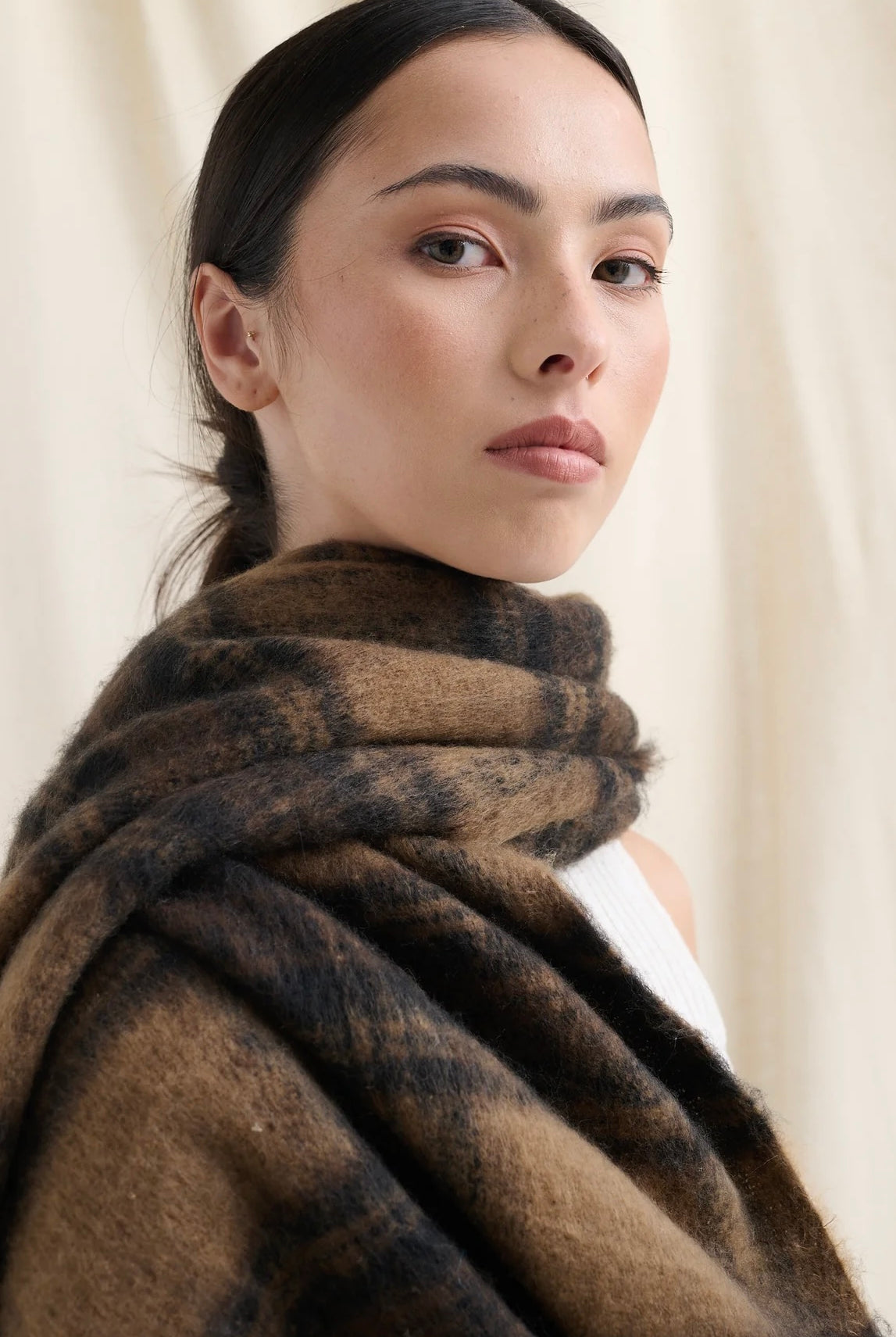 ANGELS WHISPER | ALYA BROWN PLAID FLUFFY SCARF | Bohemian Love Runway