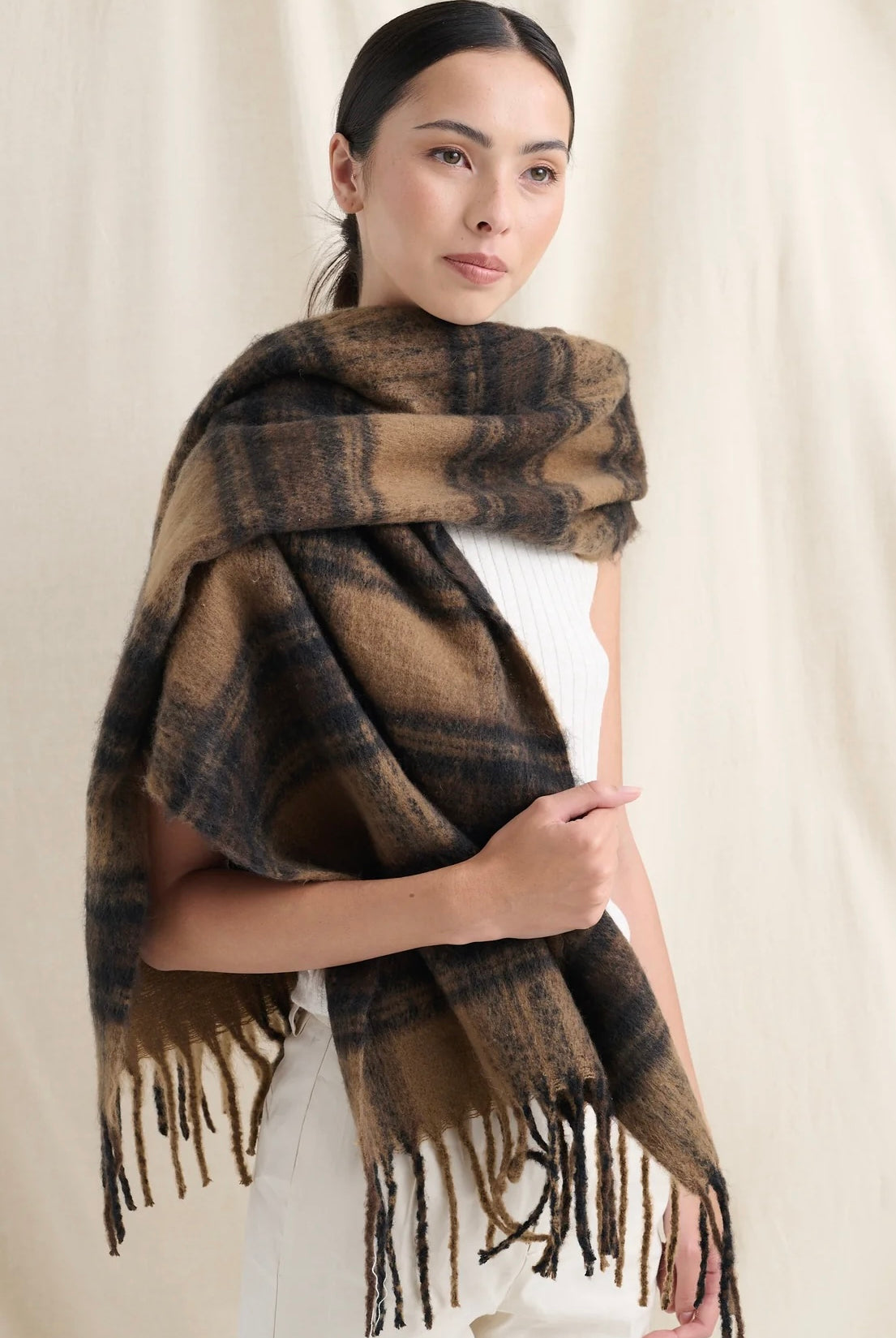 ANGELS WHISPER | ALYA BROWN PLAID FLUFFY SCARF | Bohemian Love Runway
