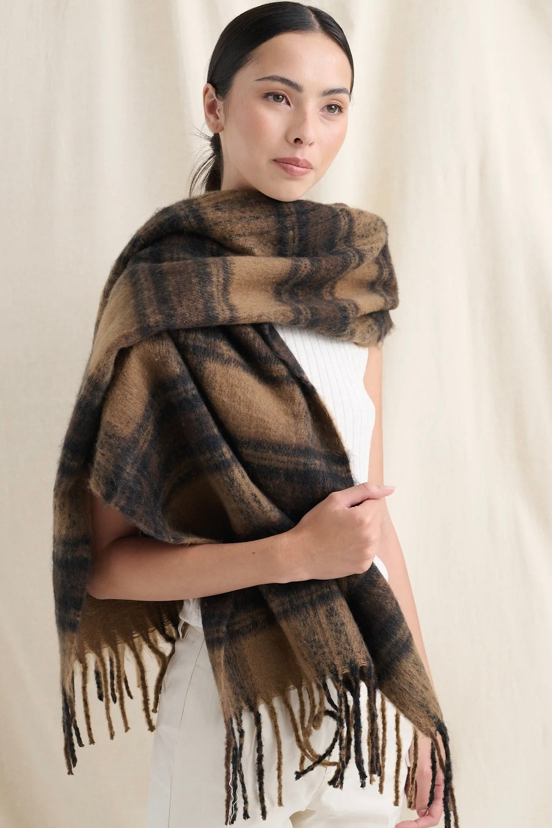 ANGELS WHISPER | ALYA BROWN PLAID FLUFFY SCARF | Bohemian Love Runway