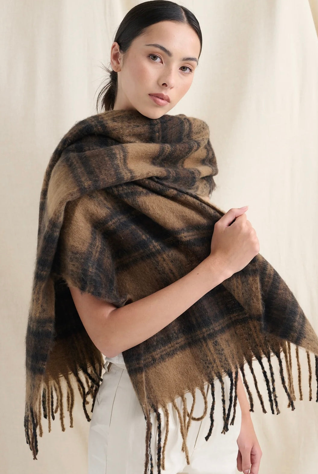 ANGELS WHISPER | ALYA BROWN PLAID FLUFFY SCARF | Bohemian Love Runway