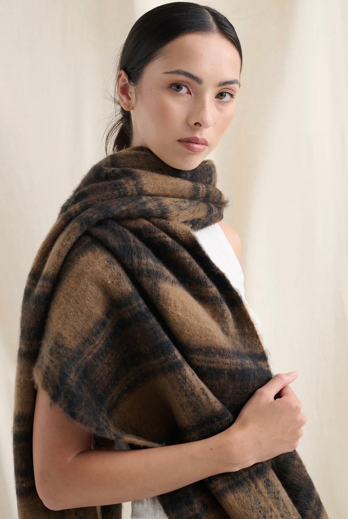 ANGELS WHISPER | ALYA BROWN PLAID FLUFFY SCARF | Bohemian Love Runway