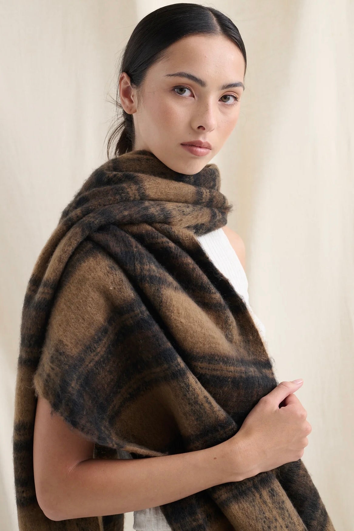 ANGELS WHISPER | ALYA BROWN PLAID FLUFFY SCARF | Bohemian Love Runway