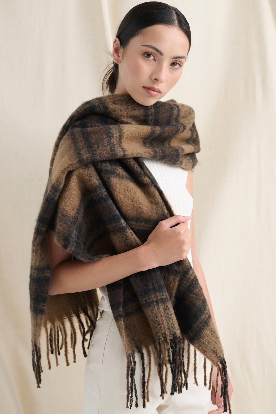 ANGELS WHISPER | ALYA BROWN PLAID FLUFFY SCARF | Bohemian Love Runway