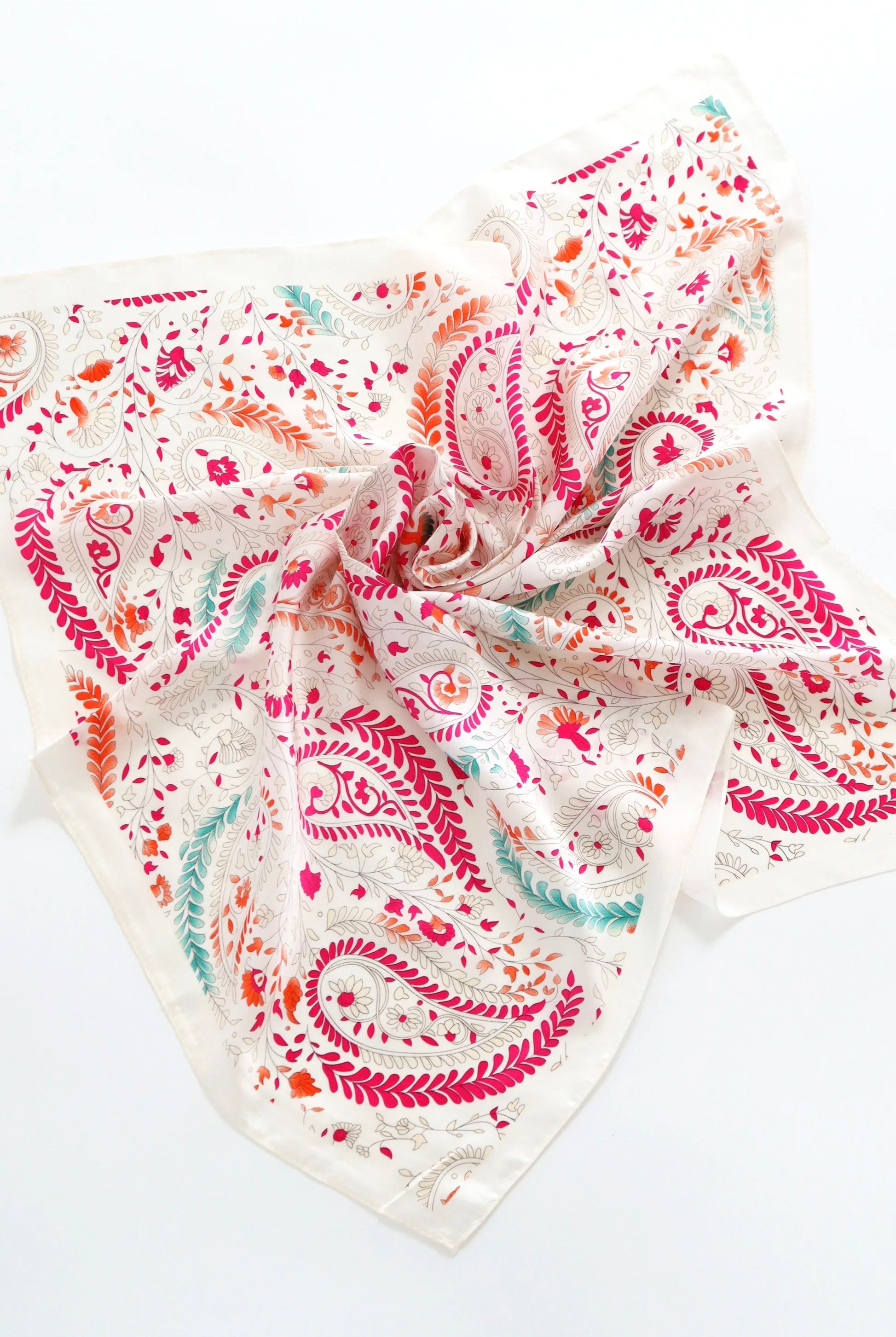 Camille Floral Paisley Bandana Scarf worn as a floral head scarf and bandeau top in blush pink paisley print