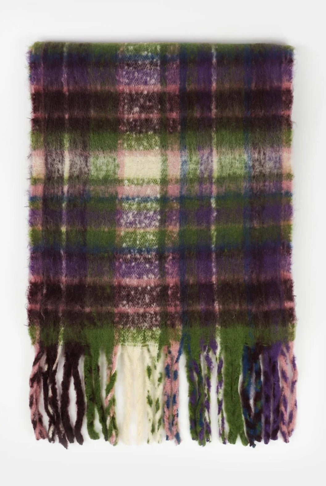 Vacanza oversized fluffy winter scarf in olive green, violet, pink and blue check with long fringe