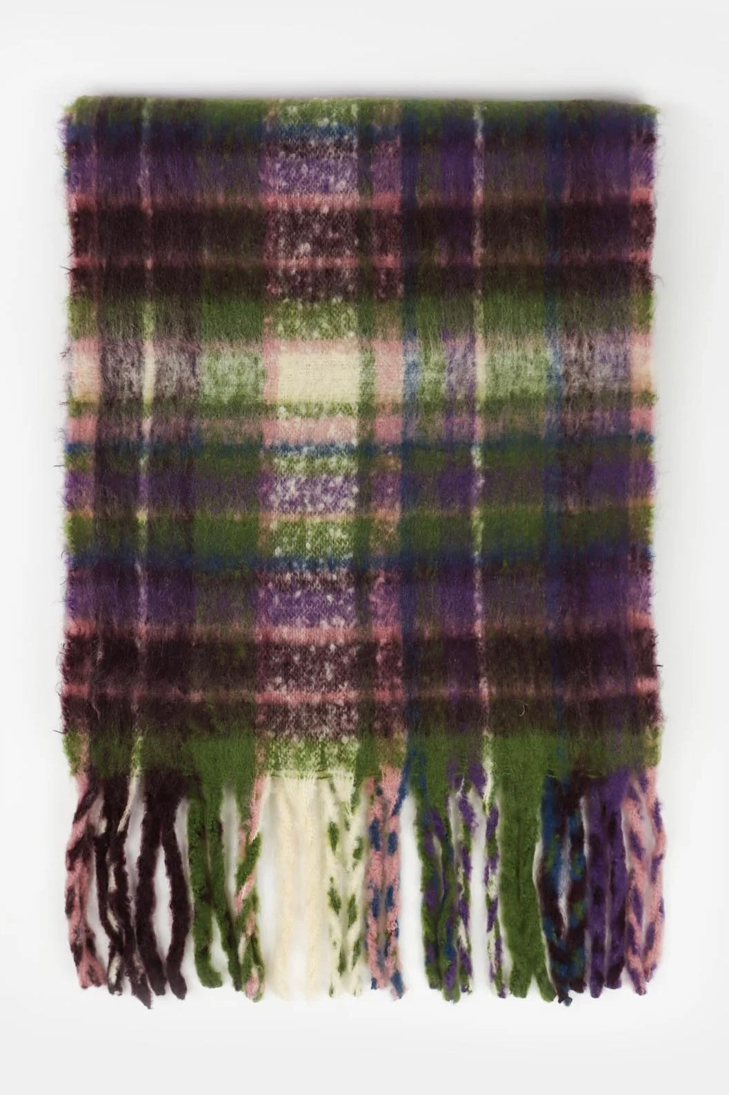Vacanza oversized fluffy winter scarf in olive green, violet, pink and blue check with long fringe