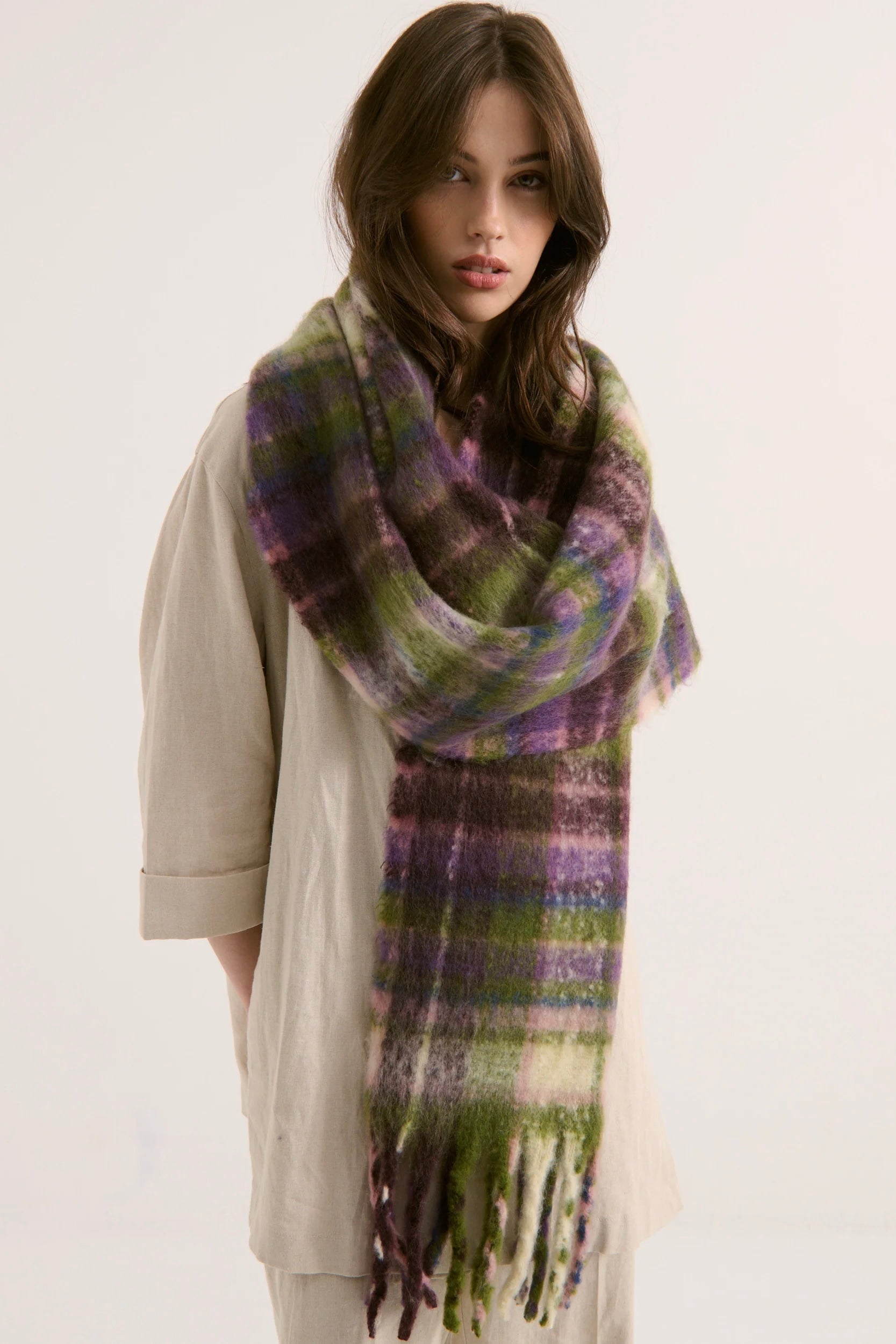 Vacanza oversized fluffy winter scarf in olive green, violet, pink and blue check with long fringe