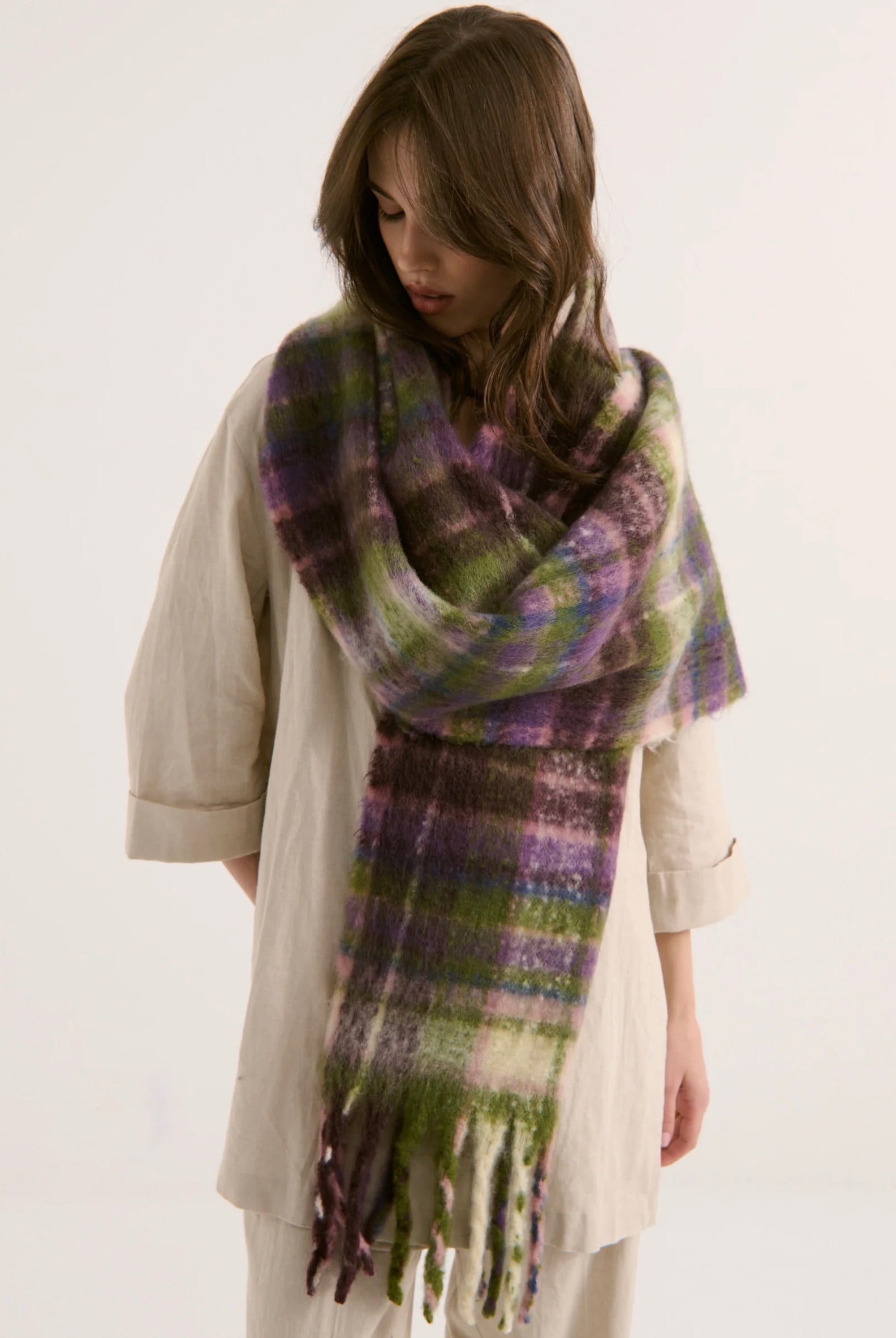 Vacanza oversized fluffy winter scarf in olive green, violet, pink and blue check with long fringe