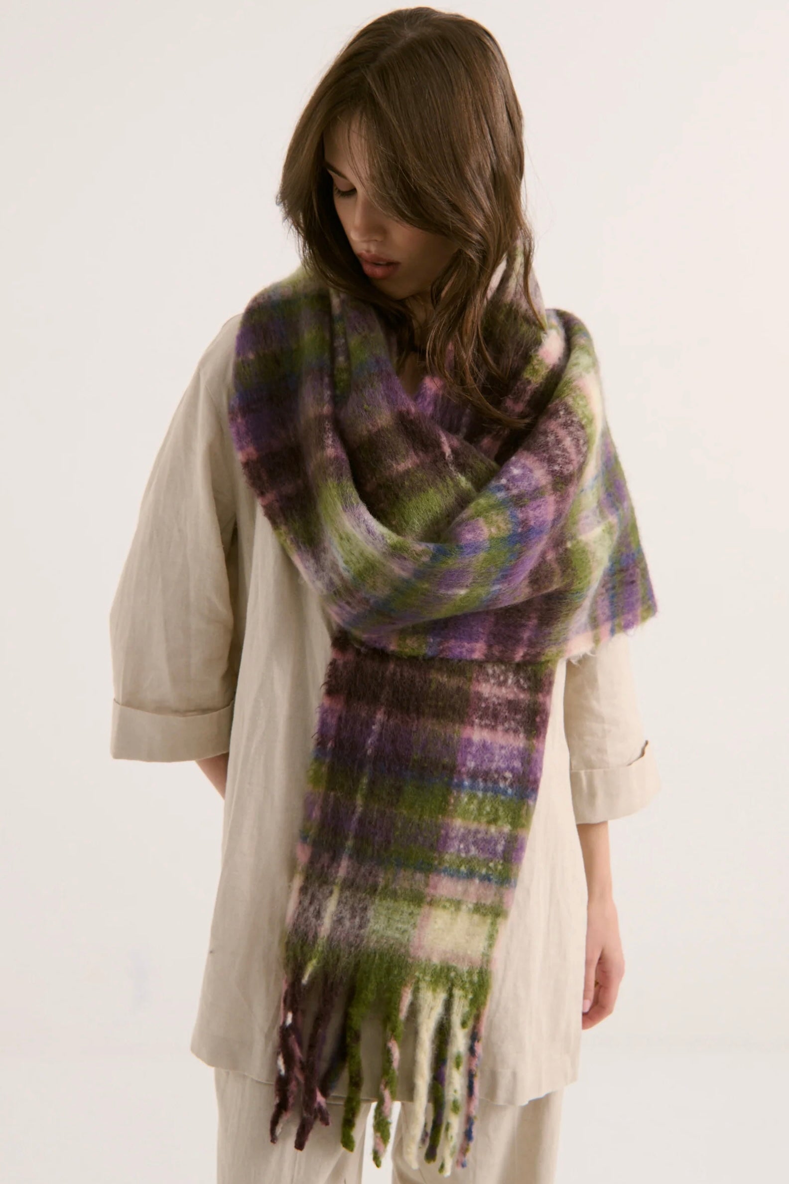 Vacanza oversized fluffy winter scarf in olive green, violet, pink and blue check with long fringe