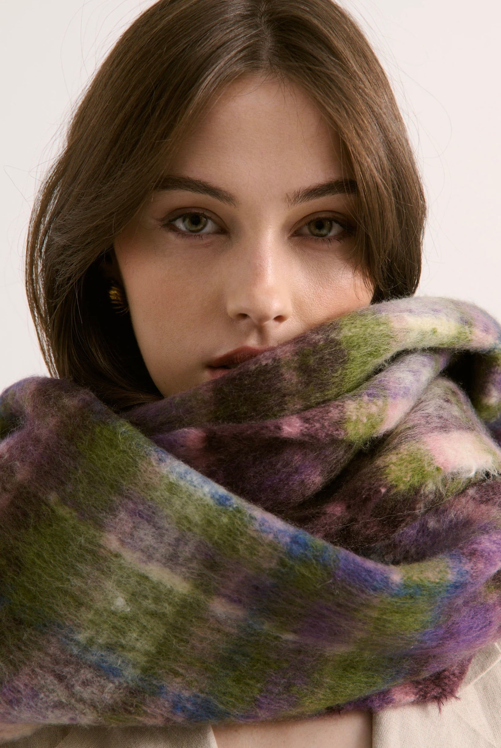 Vacanza oversized fluffy winter scarf in olive green, violet, pink and blue check with long fringe