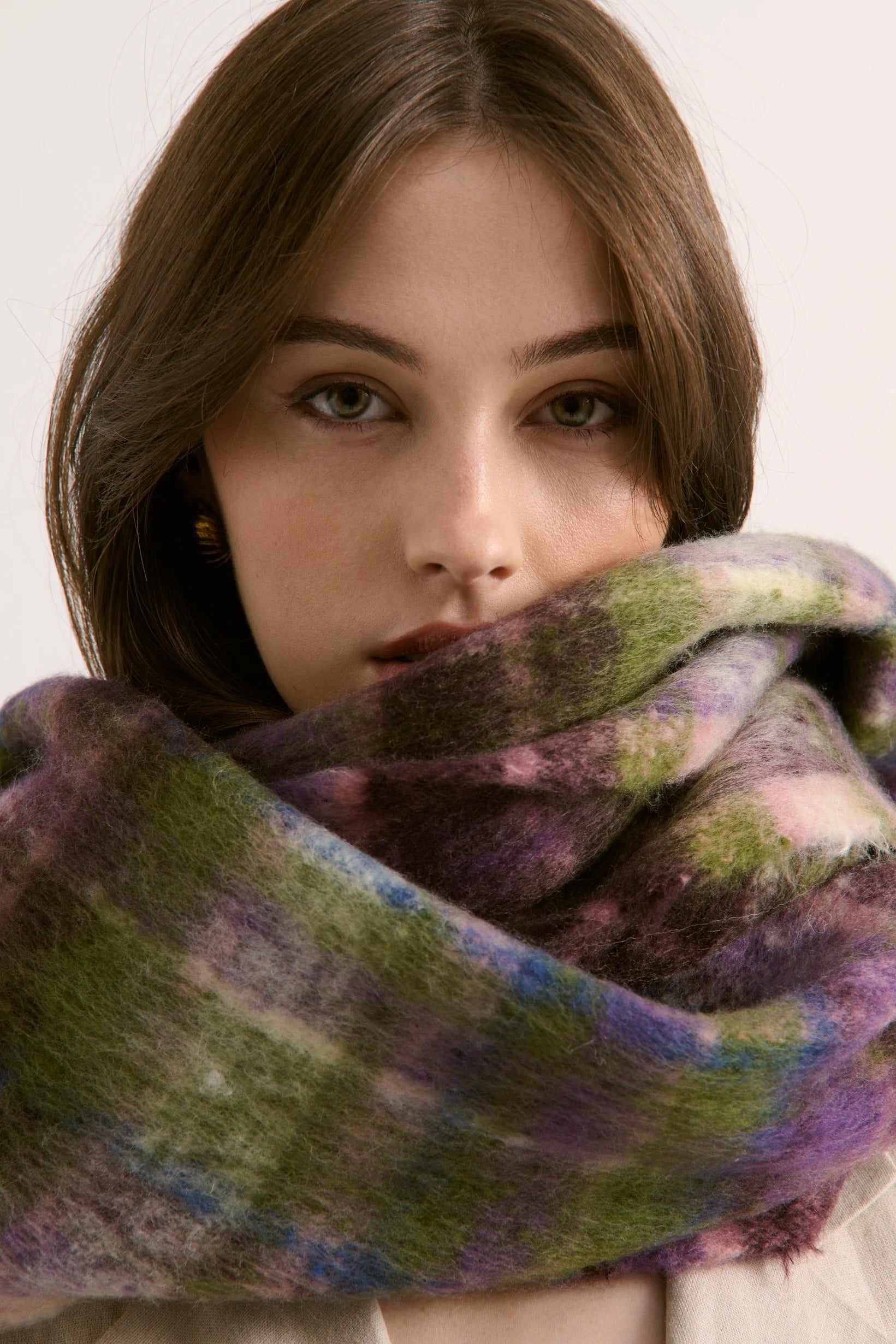 Vacanza oversized fluffy winter scarf in olive green, violet, pink and blue check with long fringe