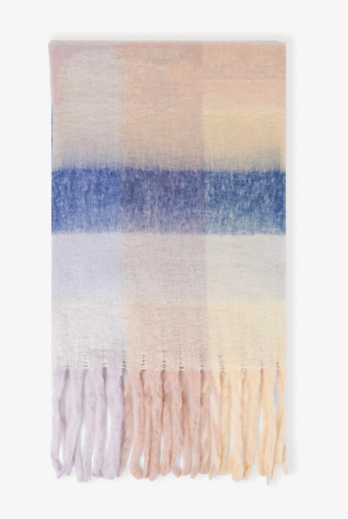 Penelope oversized fluffy winter scarf in pink, cream and blue with long fringed ends