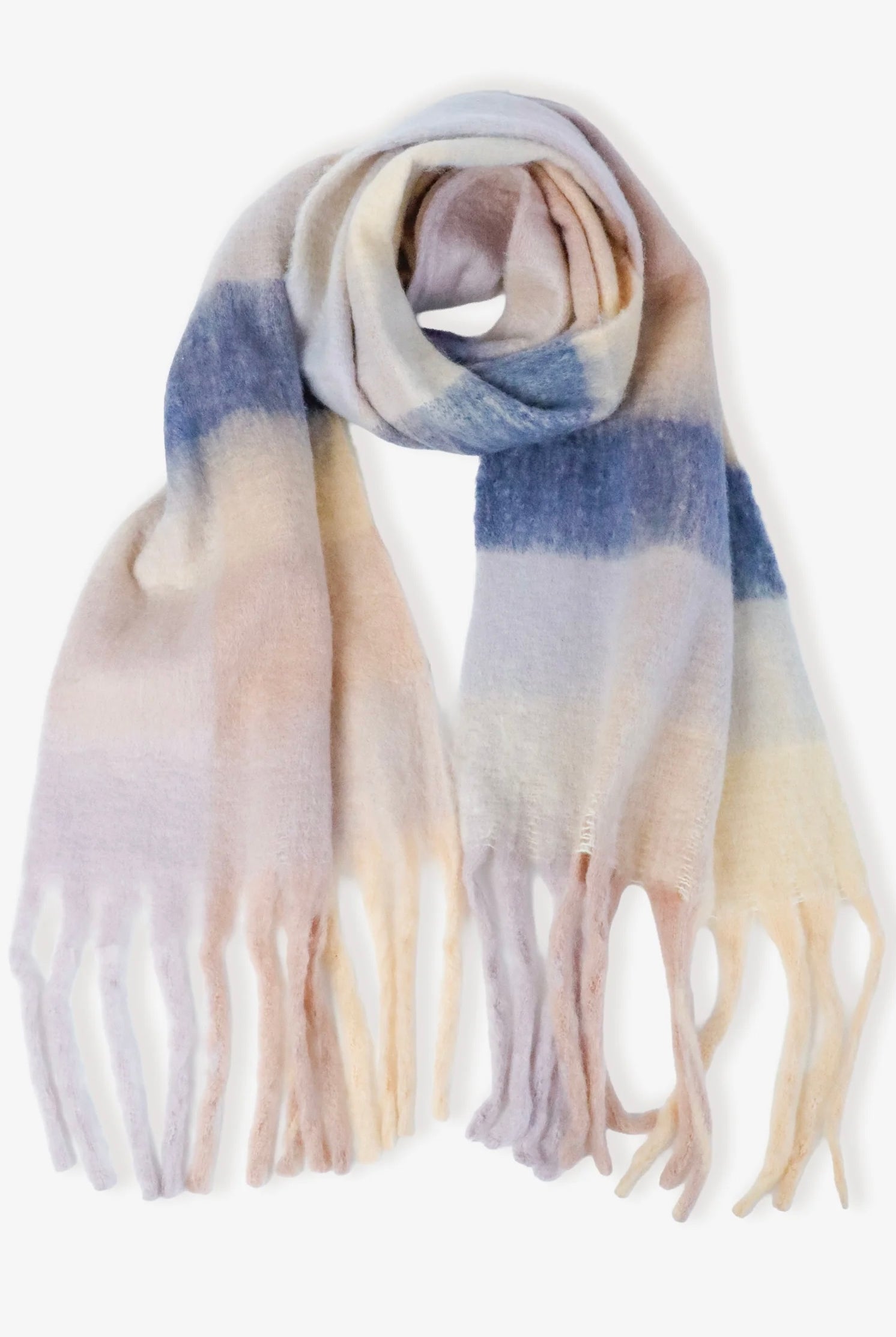 Penelope oversized fluffy winter scarf in pink, cream and blue with long fringed ends