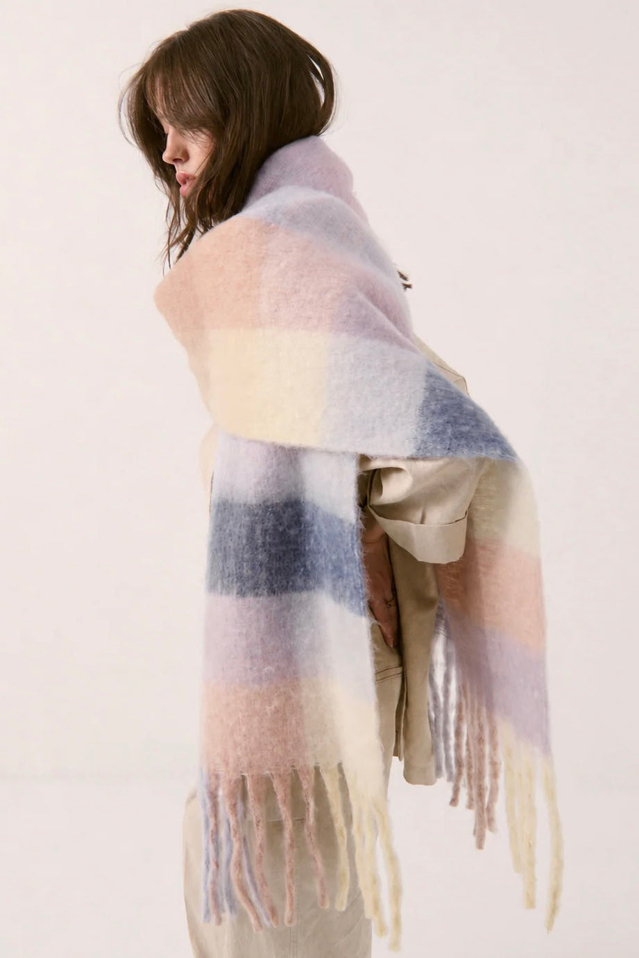 Penelope oversized fluffy winter scarf in pink, cream and blue with long fringed ends