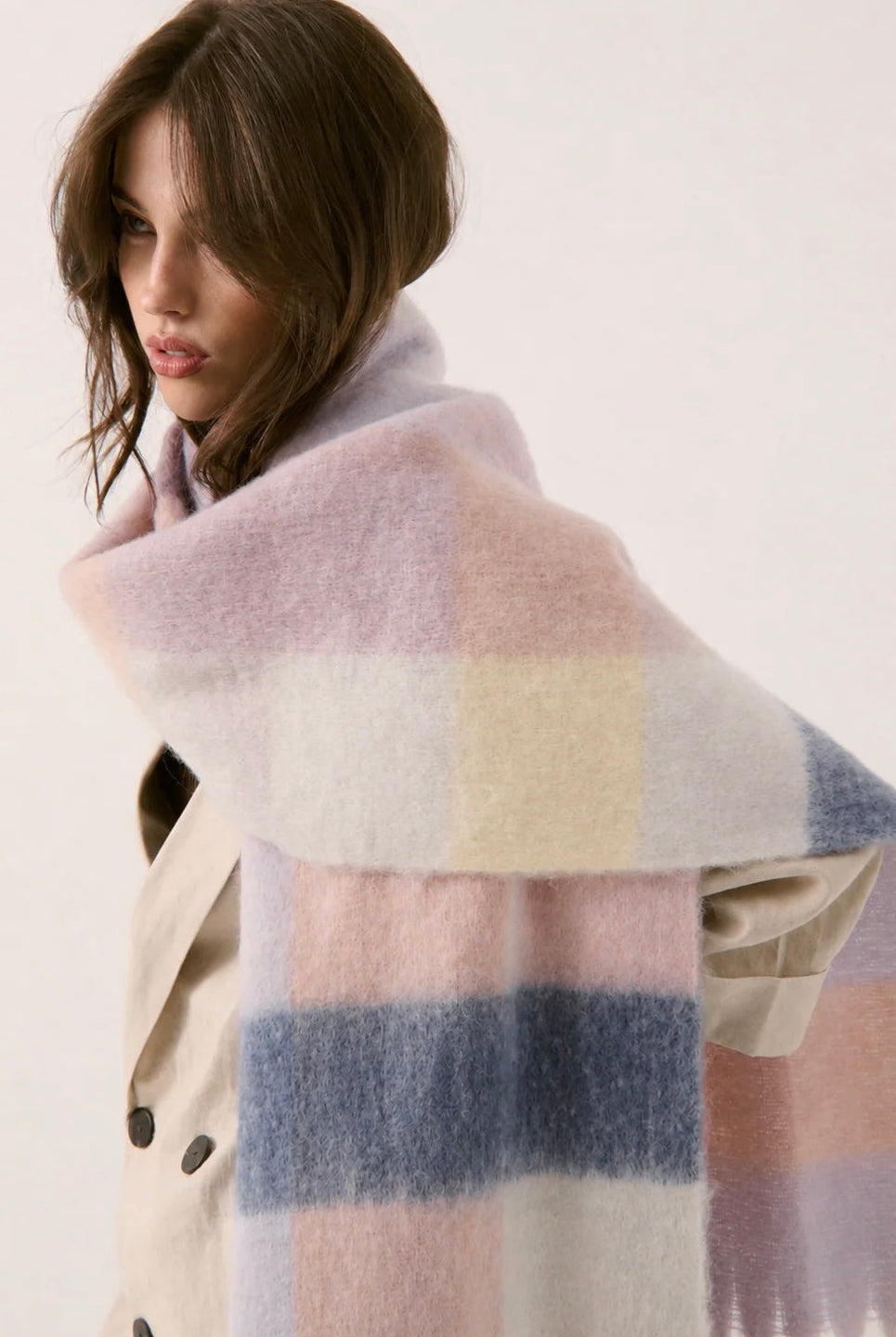 Penelope oversized fluffy winter scarf in pink, cream and blue with long fringed ends
