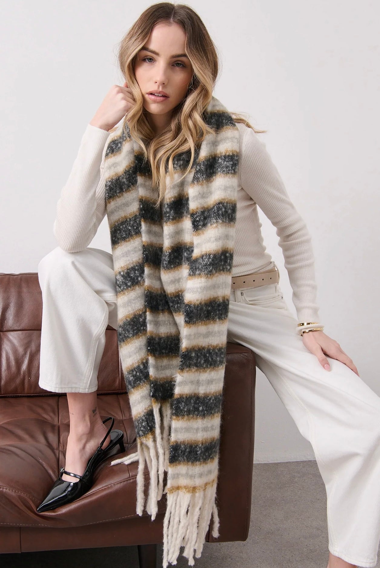 Mayne striped fluffy winter scarf in cream, charcoal and camel by Angel Whispers Australia