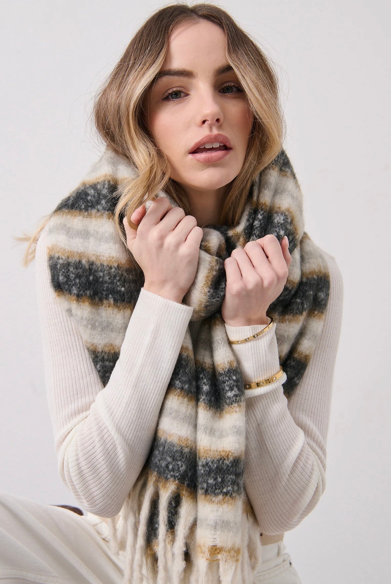Mayne striped fluffy winter scarf in cream, charcoal and camel by Angel Whispers Australia