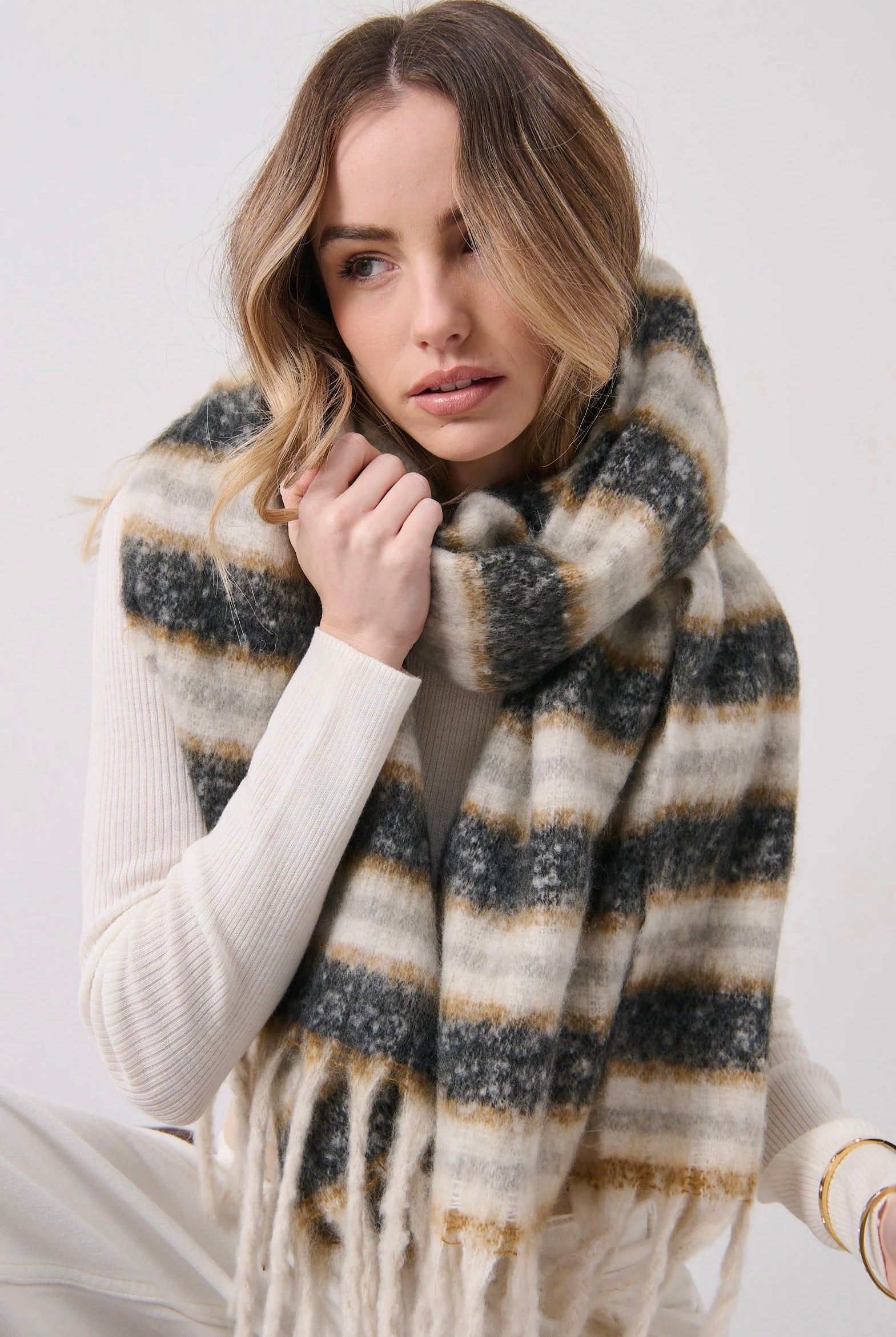 Mayne striped fluffy winter scarf in cream, charcoal and camel by Angel Whispers Australia
