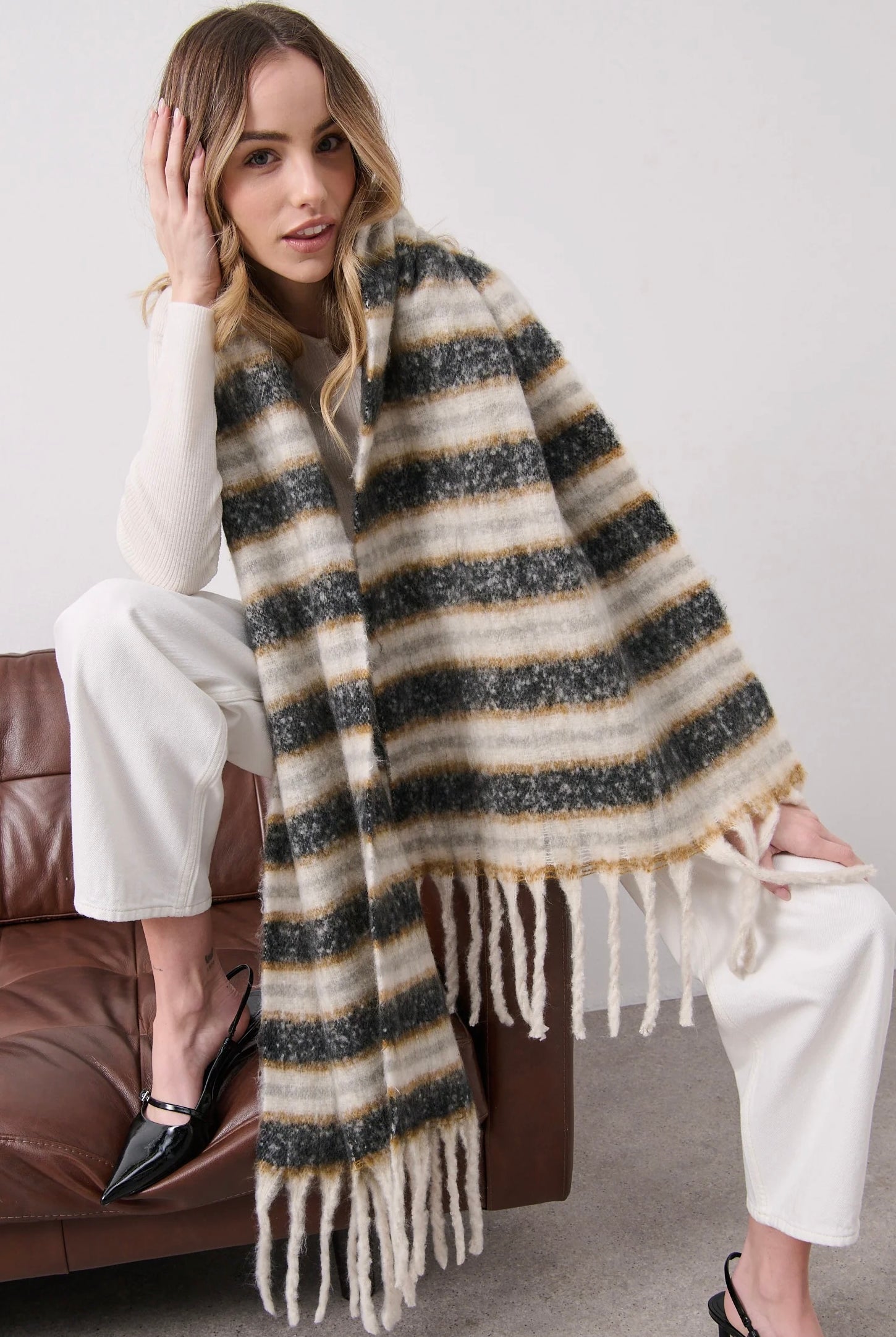 Mayne striped fluffy winter scarf in cream, charcoal and camel by Angel Whispers Australia
