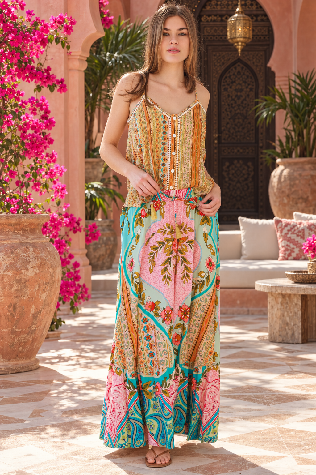 Amara floral boho maxi skirt with drawstring waist and tassel ties by dreamcatcher | Bohemian Love Runway
