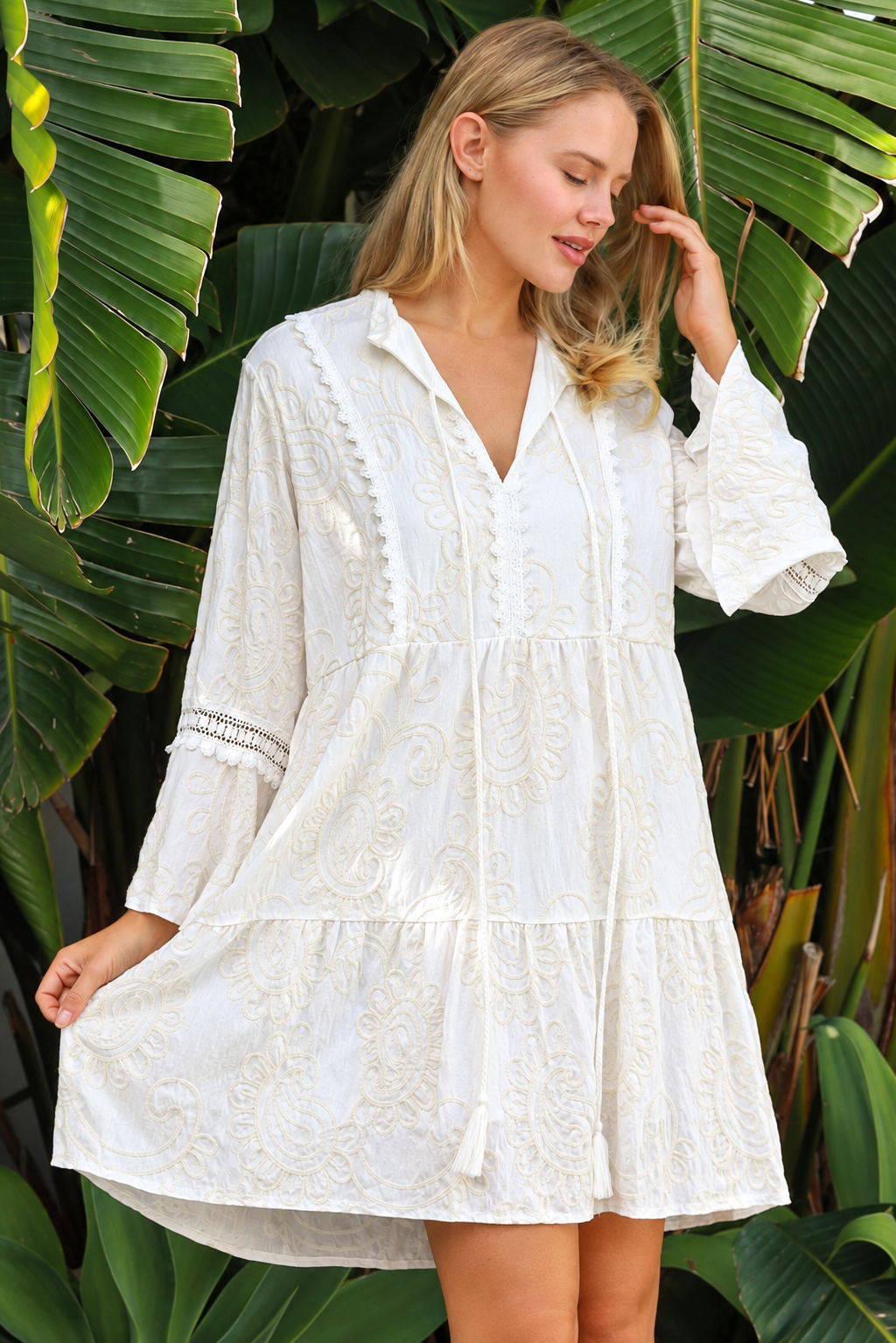 Serafina white cotton mini dress with ivory embroidery and lace sleeves at Bohemian Love Runway