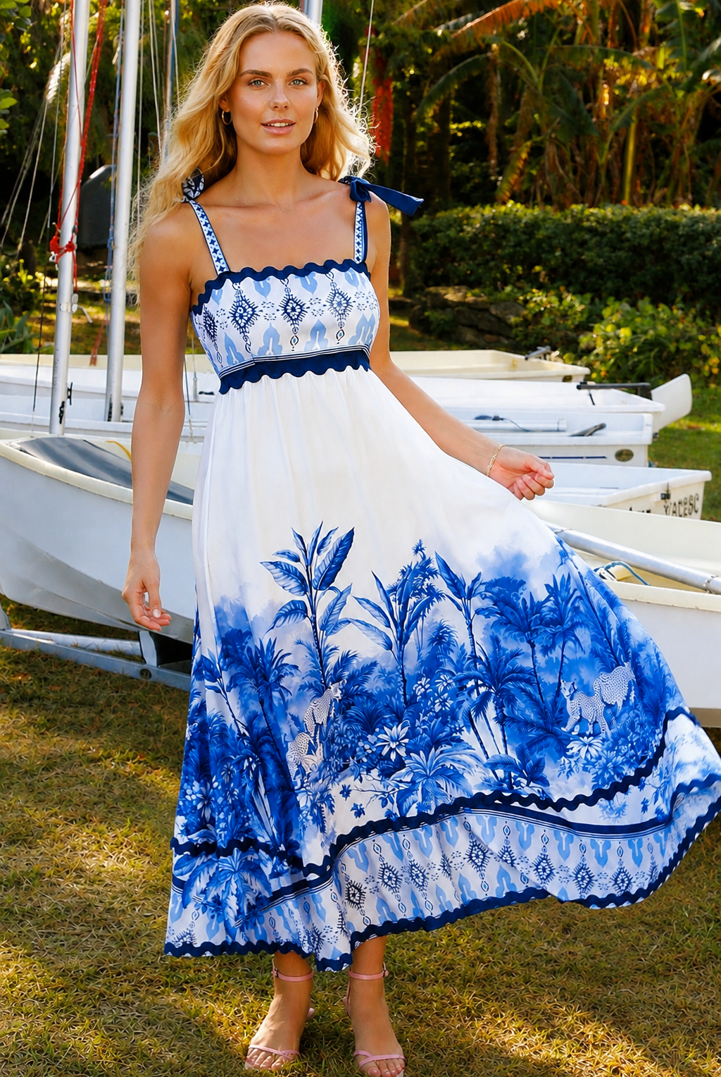 Blue and white floral boho maxi dress with statement border print at Bohemian Love Runway