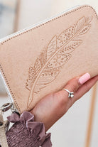 SHOE SHU | BOHO FEATHER ZIP ROUND WALLET NATURAL | Bohemian Love Runway