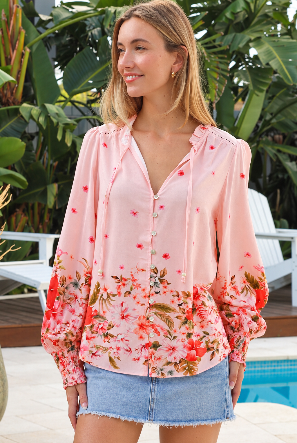 Blush pink border print rayon blouse with beaded tie neck shirred cuffs and lace yoke – Lucy Blouse Australia