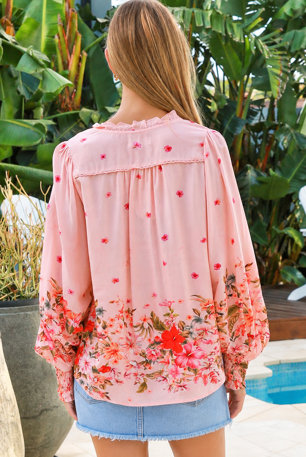 Blush pink border print rayon blouse with beaded tie neck shirred cuffs and lace yoke – Lucy Blouse Australia