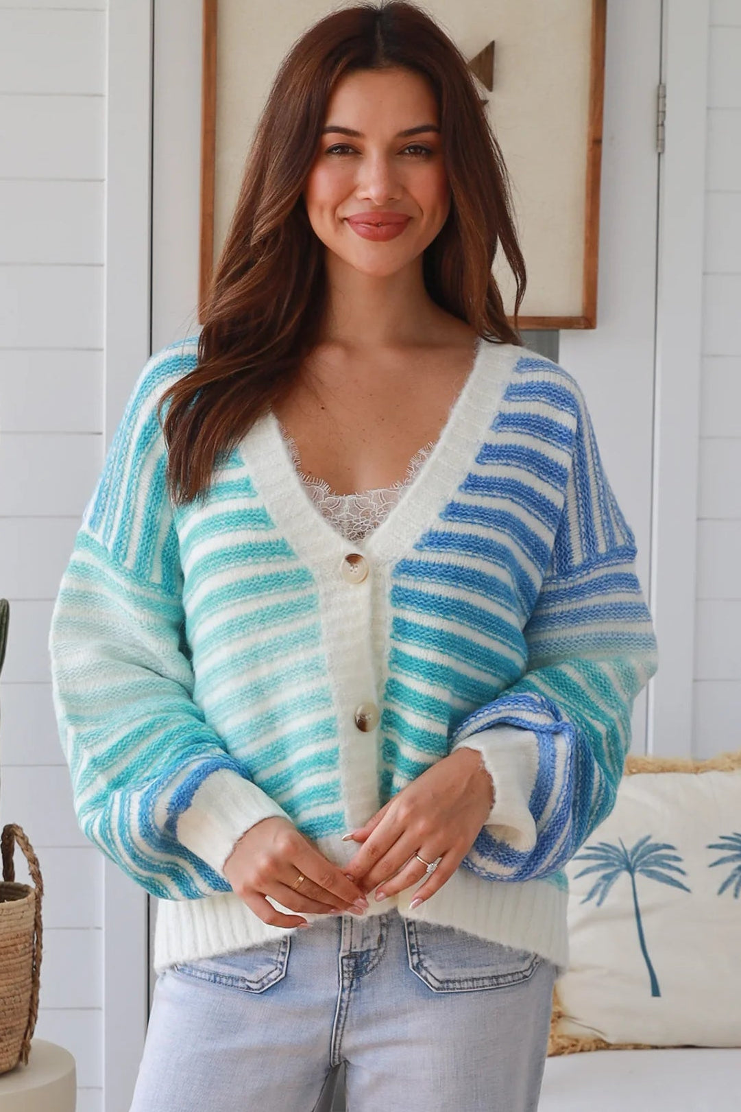 Blue gradient striped knit cardigan V neck button front ribbed cuffs drop shoulder Charlotte the Label ocean tones. Boho Knitwear Australia.