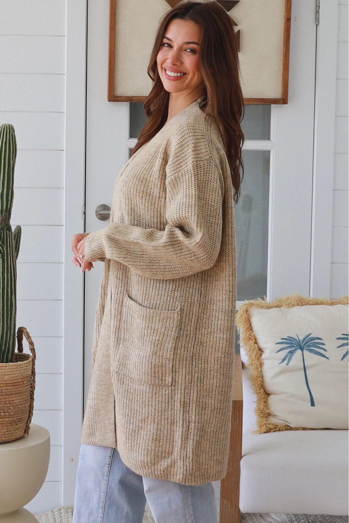 Beige boho longline cardigan womens Australia soft knit below knee cardigan Charlotte the Label winter layering