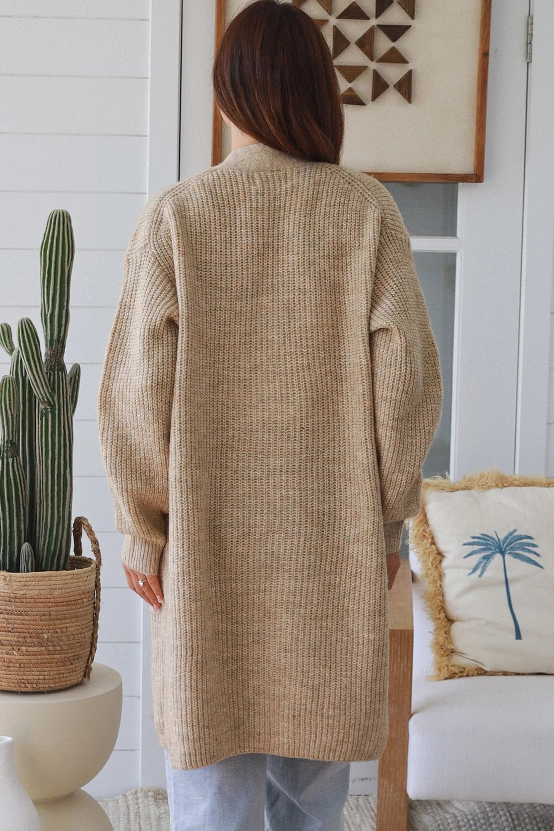 Beige boho longline cardigan womens Australia soft knit below knee cardigan Charlotte the Label winter layering