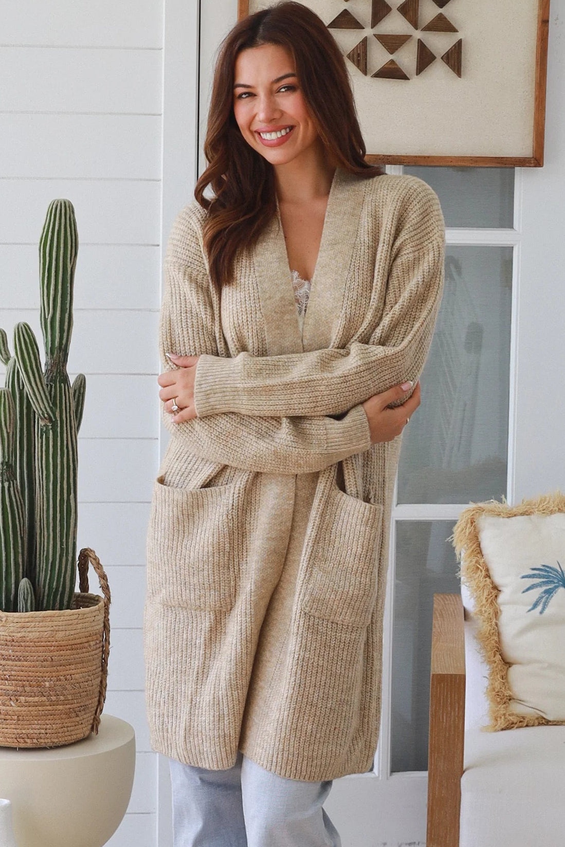 Beige boho longline cardigan womens Australia soft knit below knee cardigan Charlotte the Label winter layering