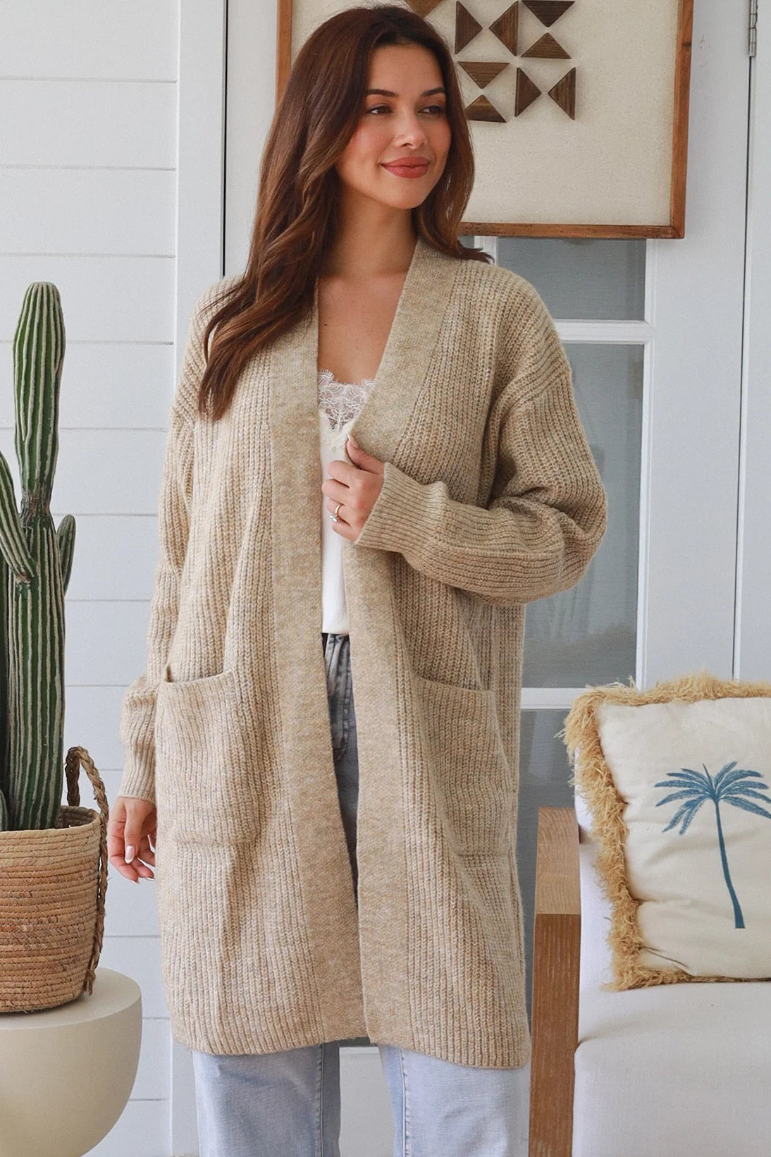 Beige boho longline cardigan womens Australia soft knit below knee cardigan Charlotte the Label winter layering