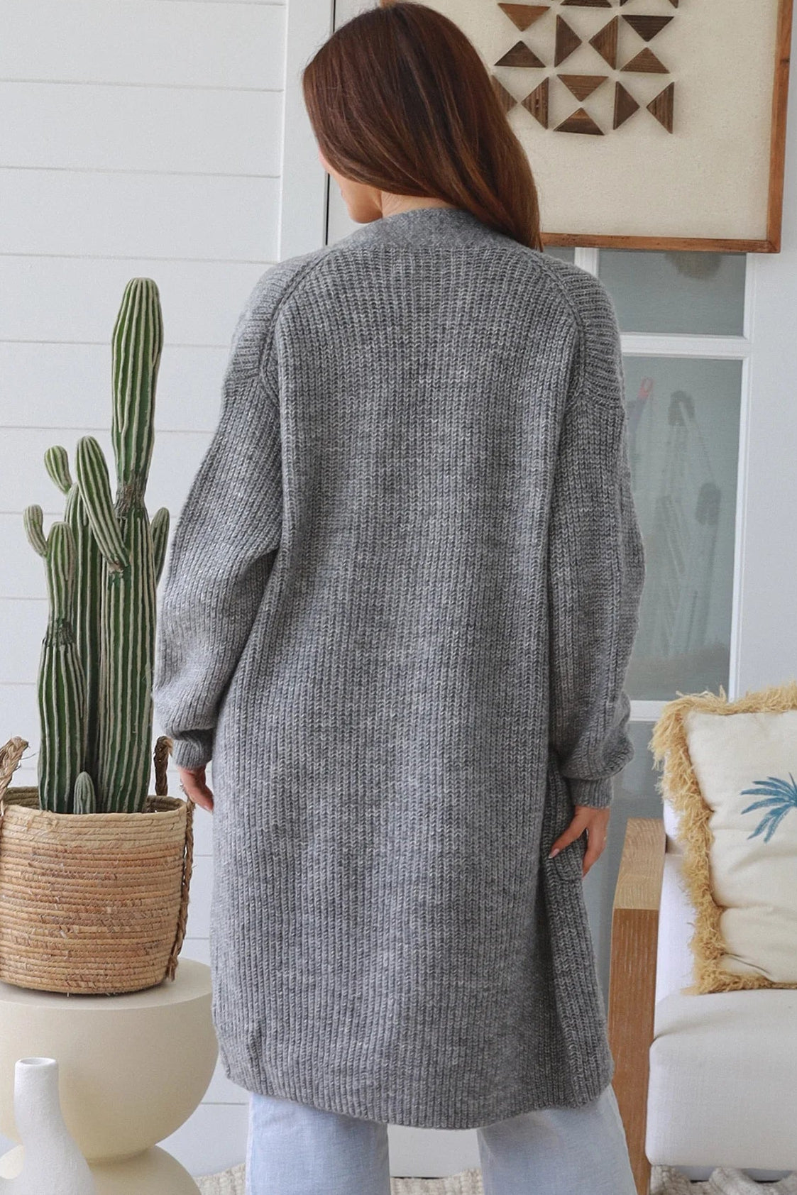 Womens grey longline cardigan Australia boho knit cardigan below knee soft wool blend Charlotte the Label