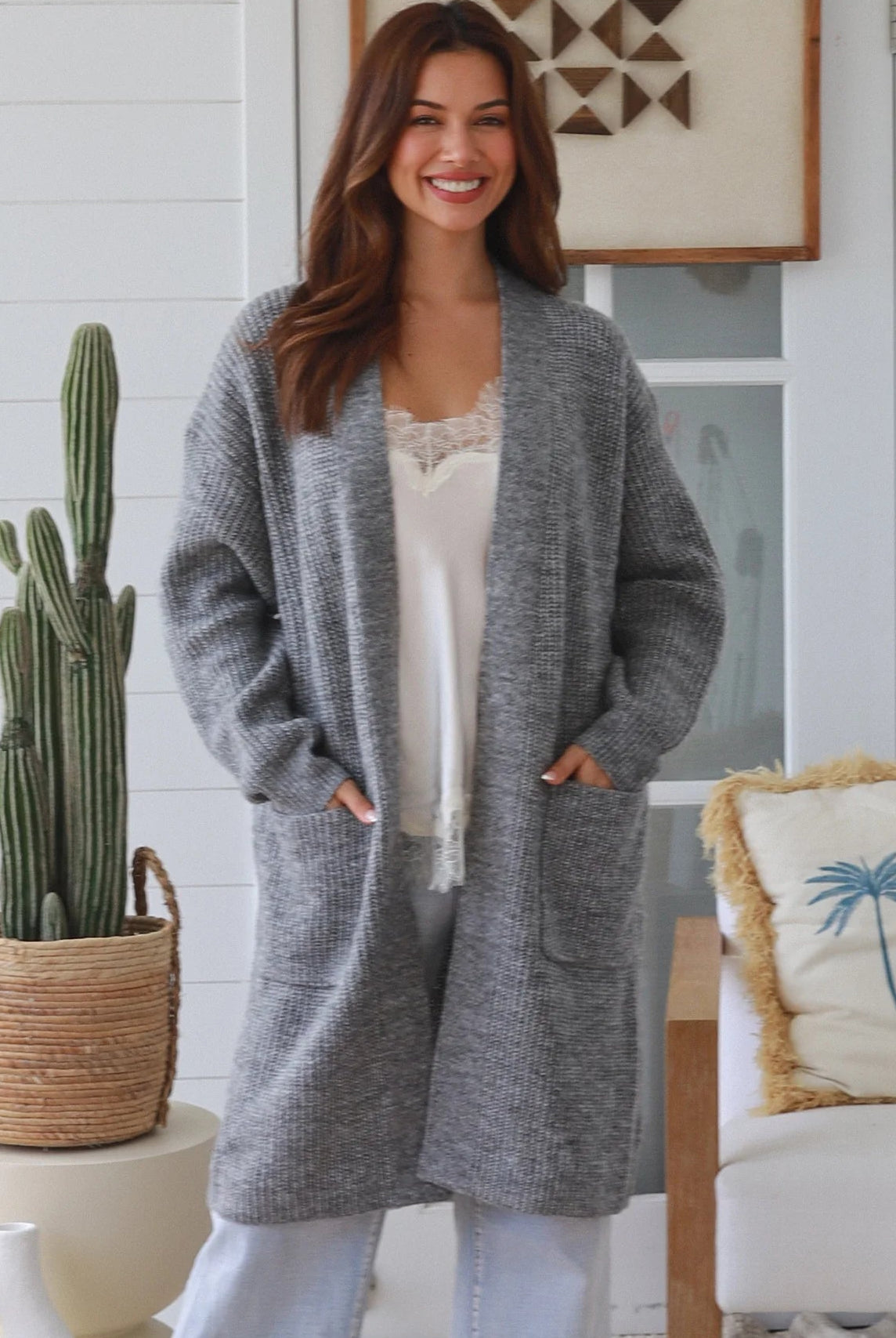 Womens grey longline cardigan Australia boho knit cardigan below knee soft wool blend Charlotte the Label