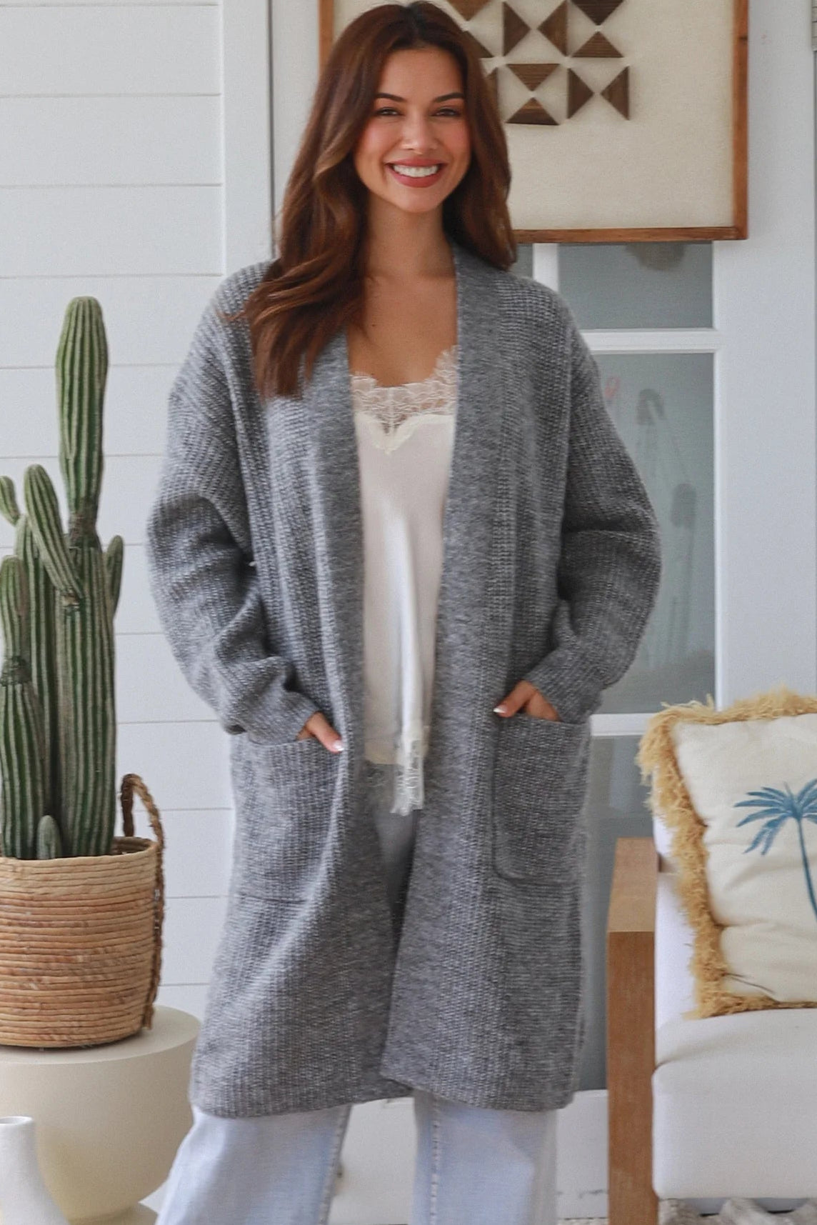 Womens grey longline cardigan Australia boho knit cardigan below knee soft wool blend Charlotte the Label
