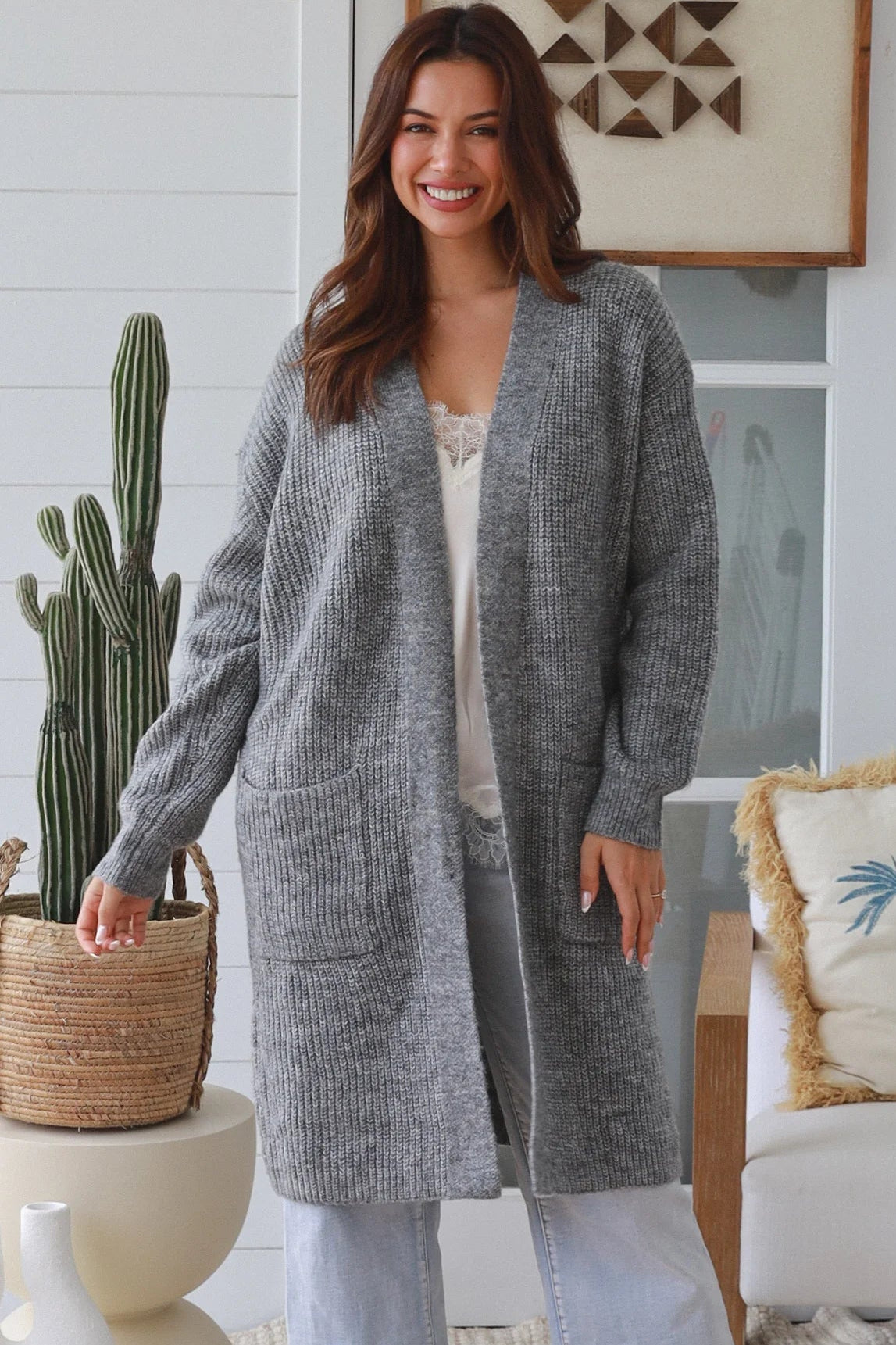 Womens grey longline cardigan Australia boho knit cardigan below knee soft wool blend Charlotte the Label
