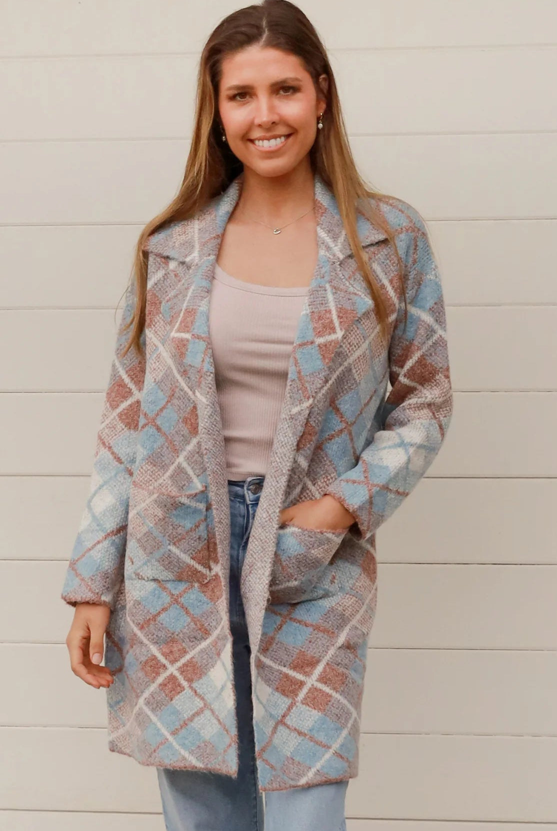 CHARLOTTE THE LABEL | DIONE KNIT JACKET TAN + BLUE | Bohemian Love Runway