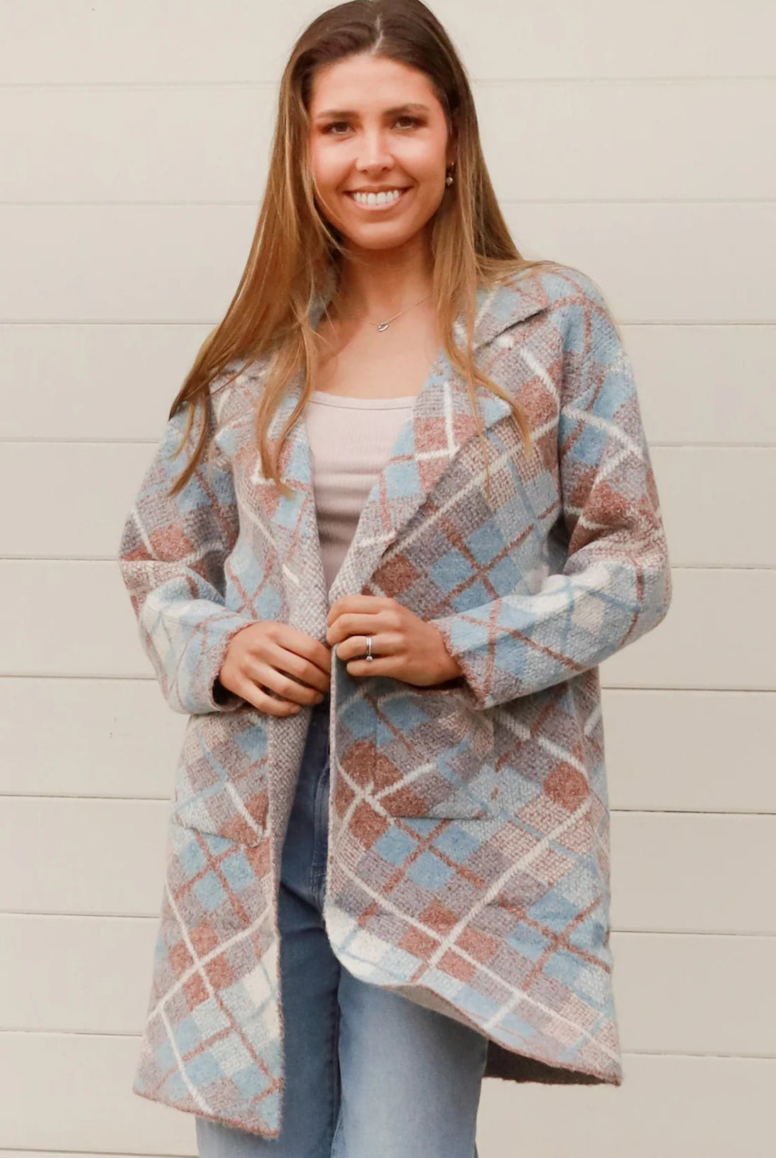 CHARLOTTE THE LABEL | DIONE KNIT JACKET TAN + BLUE | Bohemian Love Runway